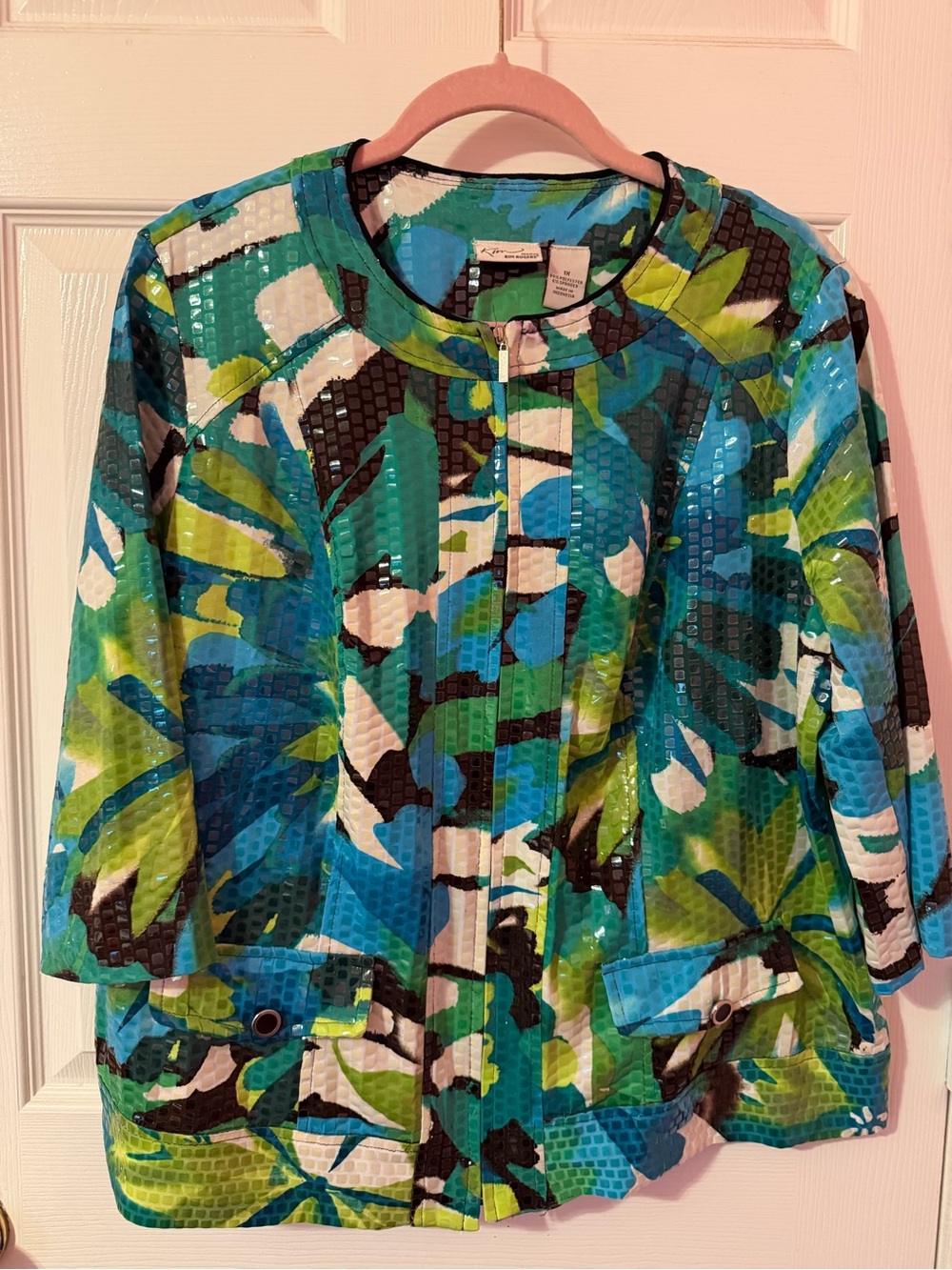 Kim Rogers Women’s Plus Blue Green Black White Tropical Print Blazer